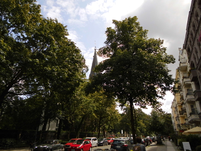 Farbfoto: Die Lilienthalstraße mit auf dem Foto auf der linken Straßenseite dem Volkspark Hasenheide im Berliner Bezirk Neukölln und auf der rechten Straßenseite dem Berliner Bezirk Kreuzberg im August des Jahres 2014. Fotograf: Bernd Paepcke